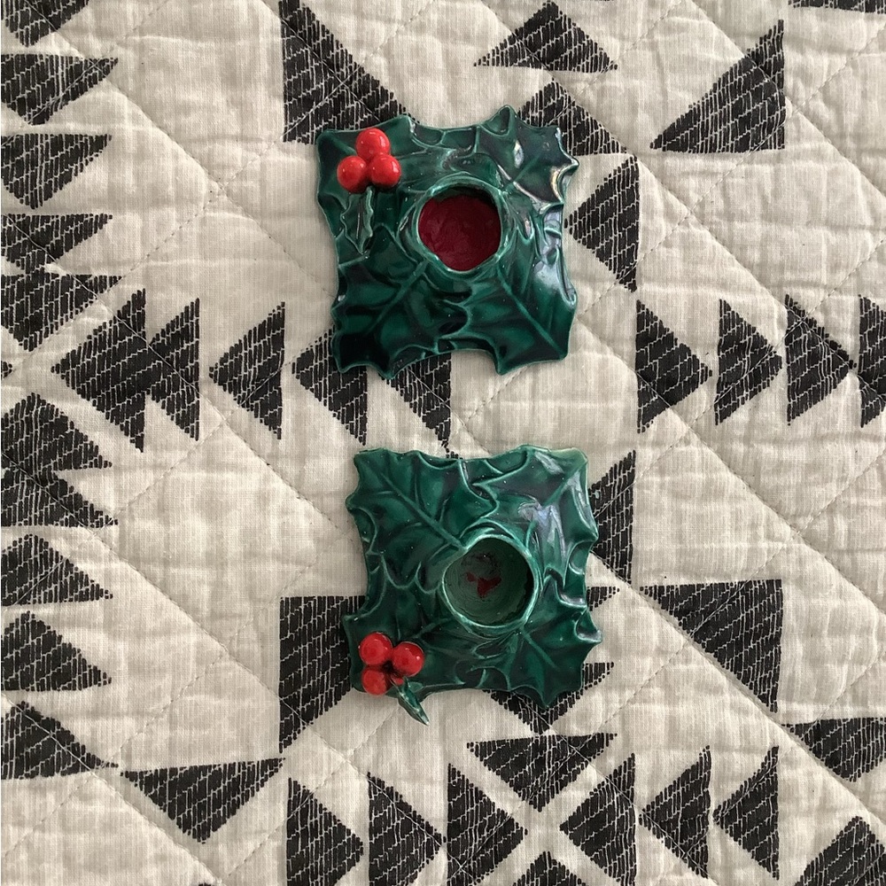 Lefton Green Holly Candle Holders
